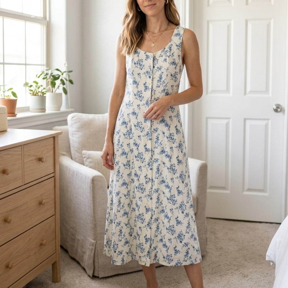 Floral Blue and White Sleeveless Dress